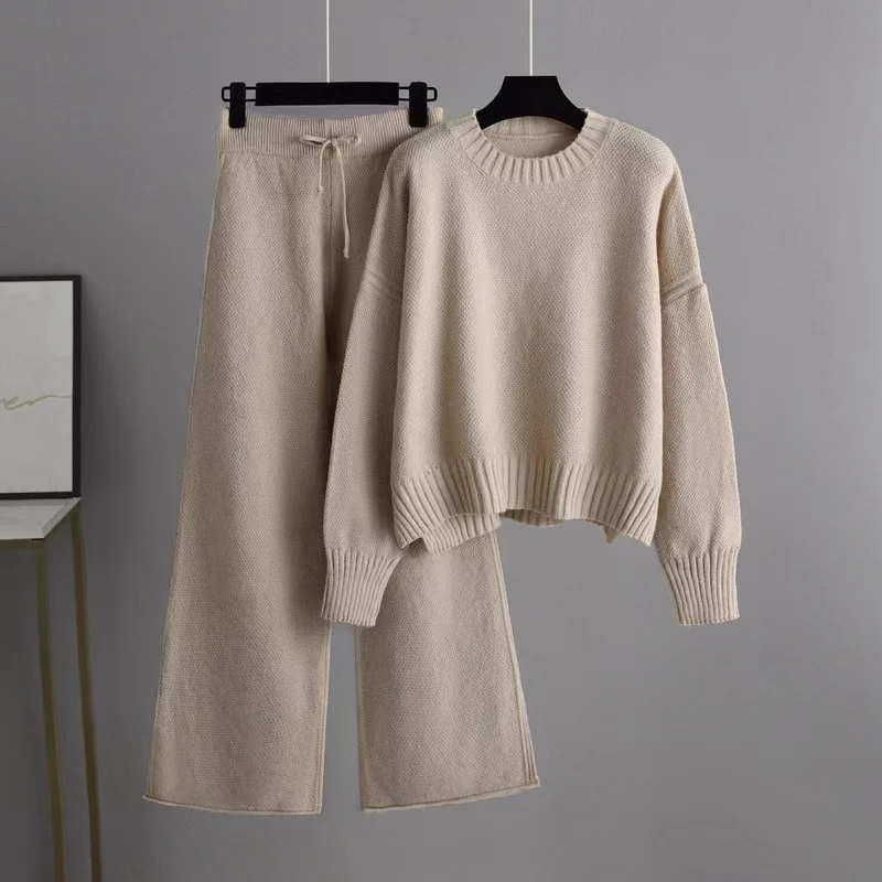 Winter 2023 Plus Size Ladies Sweater Wool Cashmere Knit Trousers and Sweater Two Piece Set