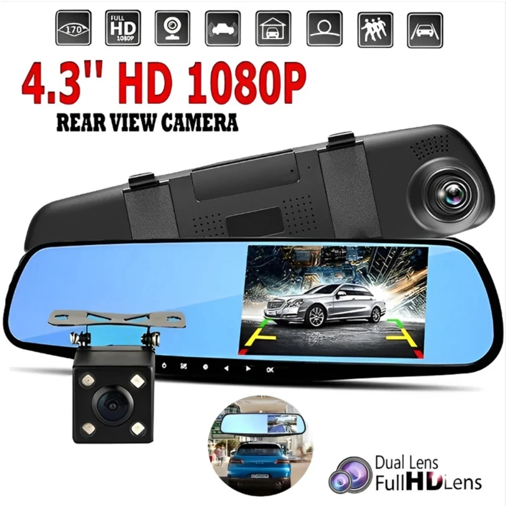 1080P Автомобильный видеорегистратор с двойным объективом Автомобильная камера 4 3 дюймов зеркало заднего вида