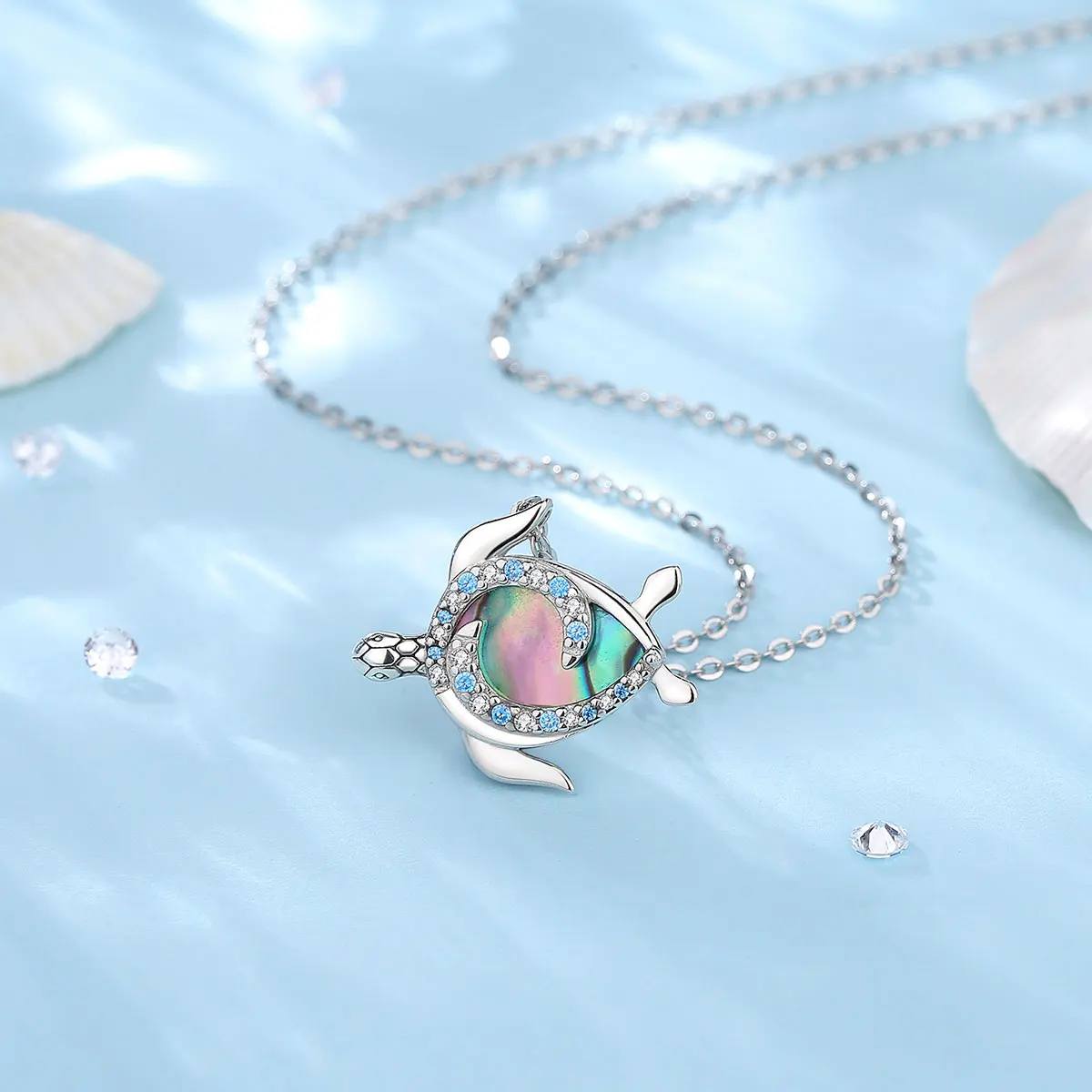 Merryshine 925 Sterling silver cute animal mother of pearl shell sea turtle pendant necklace for women