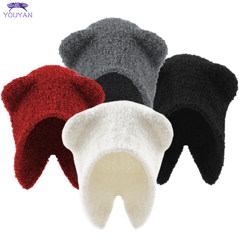 Wholesale Hat Scarf Mask 3 In 1 Thickened Ear Protection Windproof Cute Bear Ear Custom Warm Winter Hat For Women