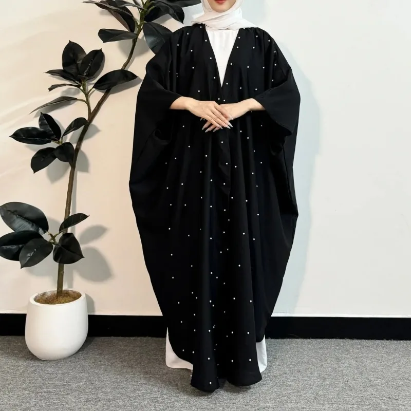 Ethnic Open Front Abaya Long Sleeve Islamic Clothing Loose Beading Maxi Dress Women Jilbabs Dubai Robe Kaftan Muslim Abayas