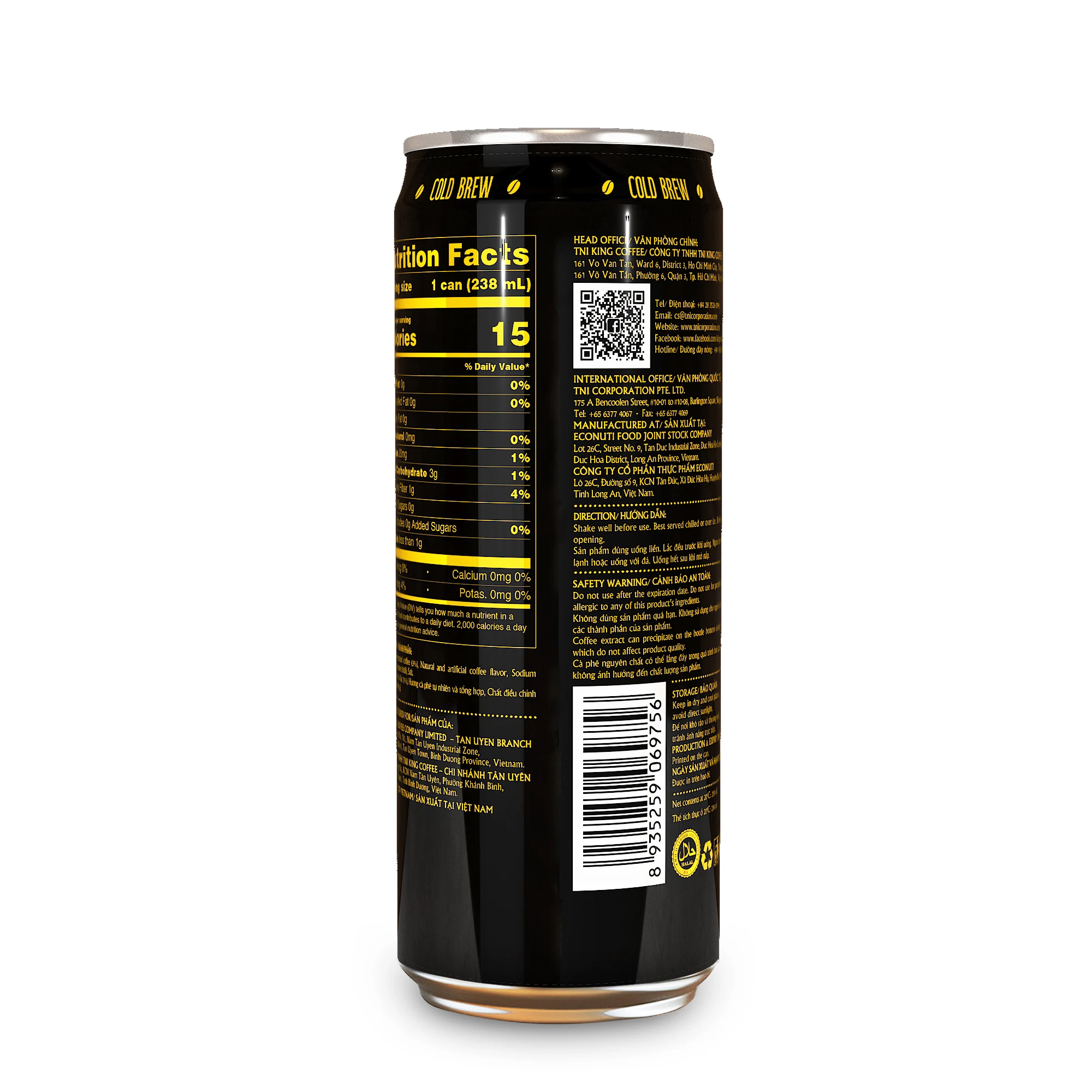KING COFFEE - (Ready to Drink) 238 ml Cold Brew Black Coffee Can Viet Nam Energy Drink
