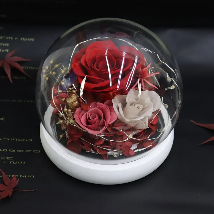 Wholesale New model Valentine day Birthday Christmas gifts everlasting rose flower led light wishing bottle with preserved roses