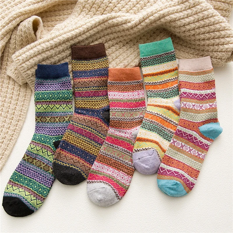 Ethnic Style 5 Pairs Wool Socks With Striped Pattern Autumn Colorful Women Socks