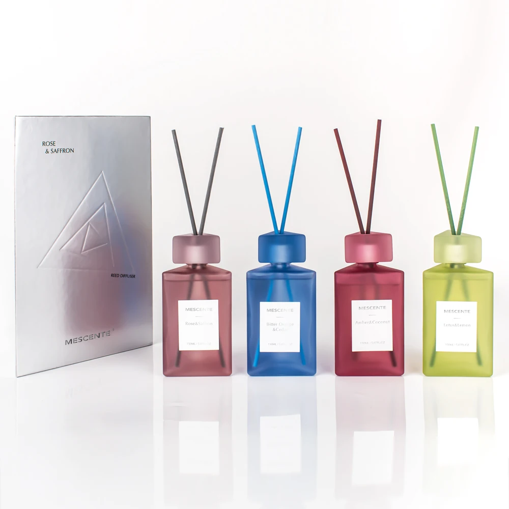Mescente decorative frosted glass bottle flower reed diffuser oils with box and sticks