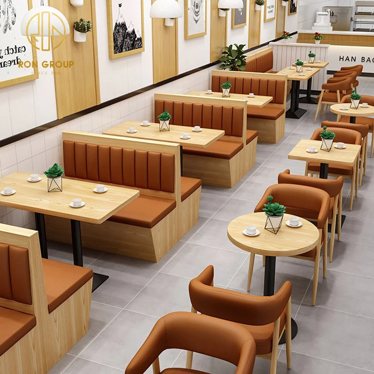 Coffee shop fast food restaurant sofa bench commercial cafe wood round restaurant booth seating furniture table and chair set