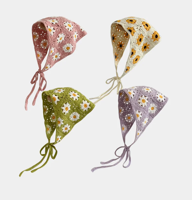 HZO-23036 Spring Daisy Flower Crochet Triangular Bandana Headband Knit Handmade Kerchief Head Scarf