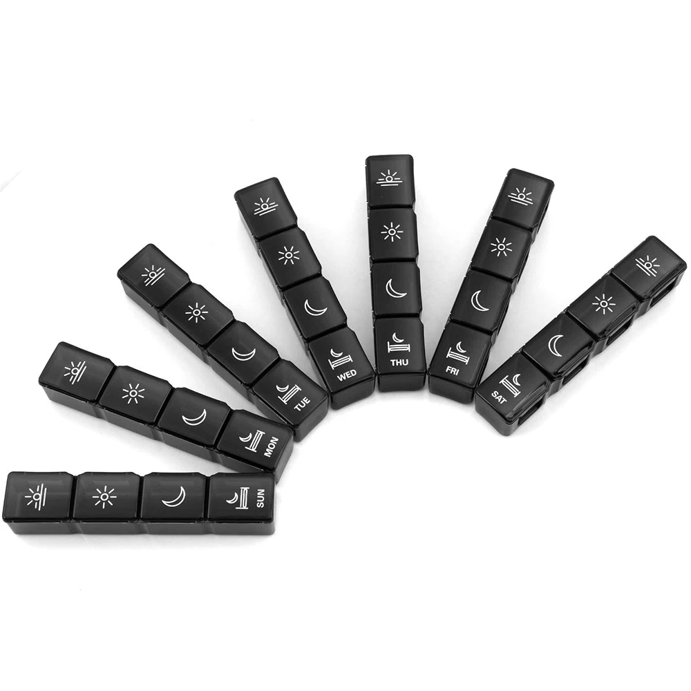 BPA Free Black Color Stock Plastic Product  Rainbow Color 7 Day Pill Organizer Small 28 Cases Weekly pill boxes