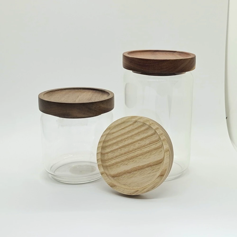 Kitchen Clear High Borosilicate Glass Jars With Eco-friendly Custom Wood Lids For Storage Of Tea Food Salt And Sugar