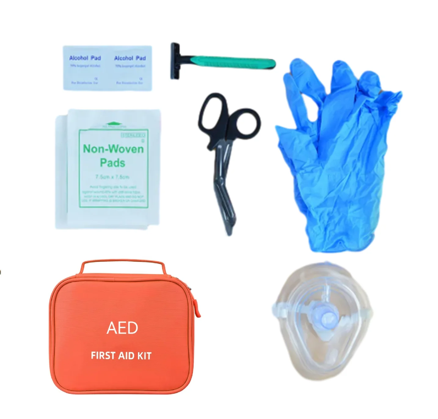 AED First Responder training Kit with CPR, Gloves, Razor, Scissors, Gauze Pads, and Cleansing Wipes for AED