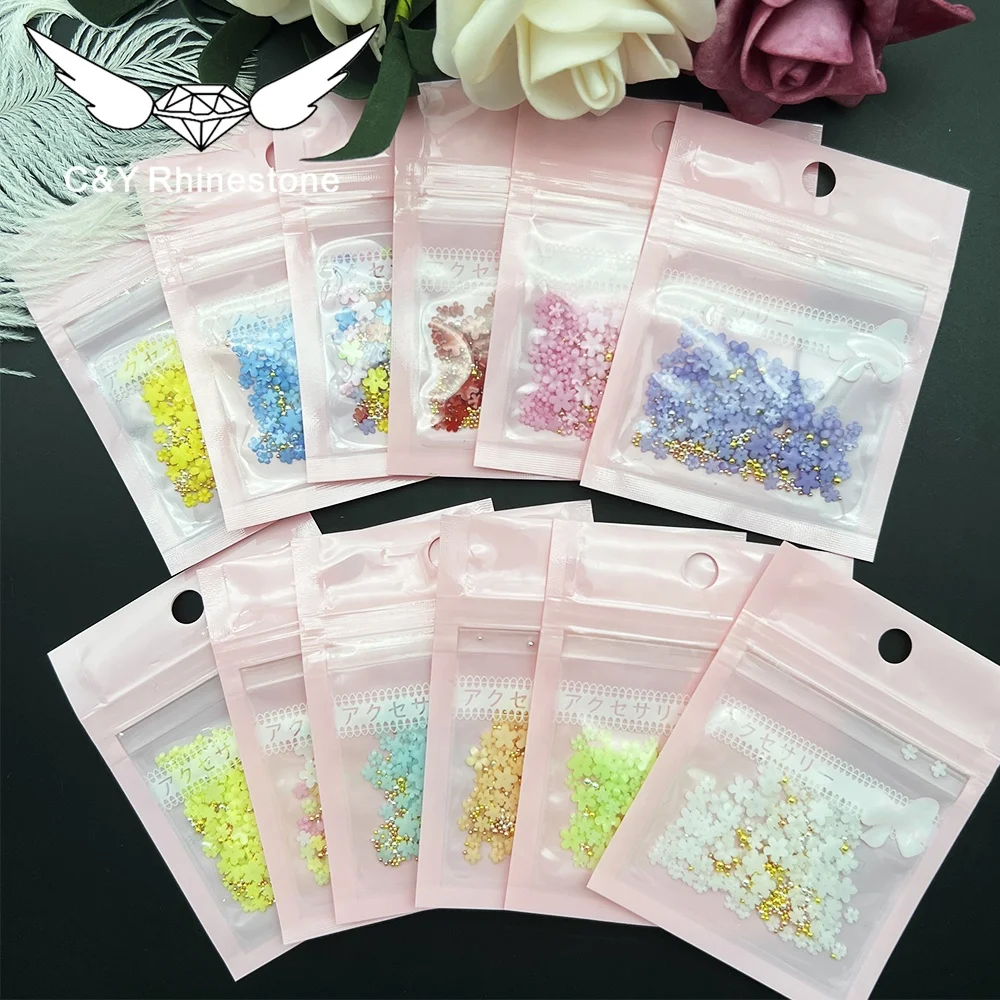 CY Mixed Color White Gold Beads Silver Gem Nail Supplier 3D Nail Art Resin Acrylic Flowers