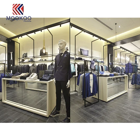 Boutique Equipment Wall Mounted Clothes Hanger Rack Display Shelves For Men Clothing Modern Menswear Store Interior Design