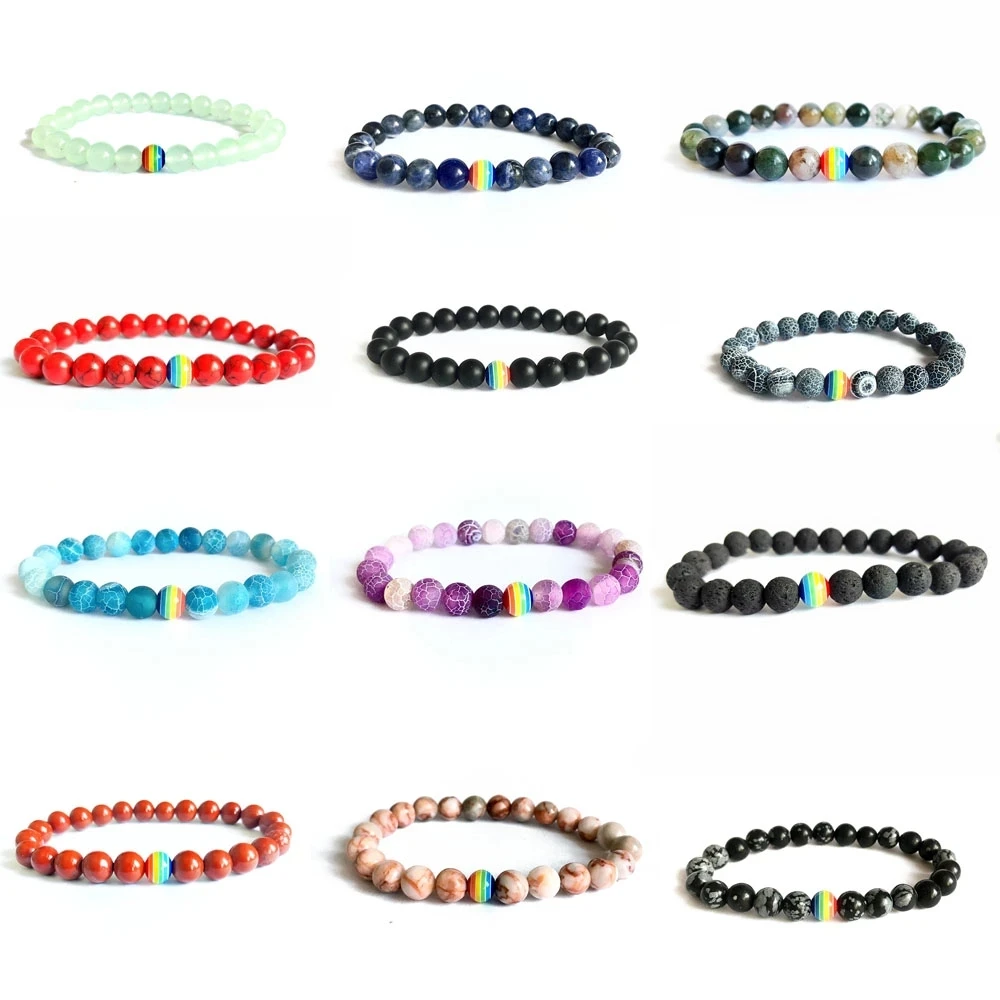 Rainbow Couple Bracelets beaded bracelet Natural gemstone 8mm Lava beads