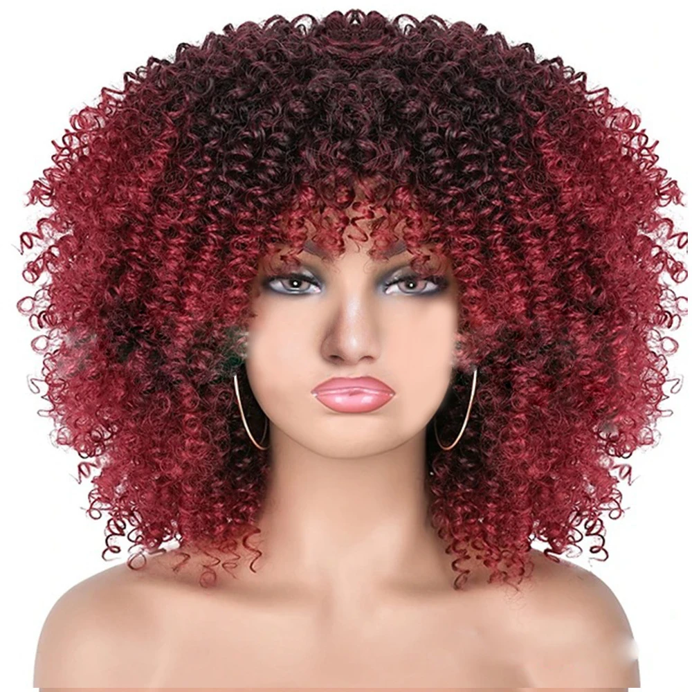 Synthetic Heat Resistant Fiber Short Curly Wine Red Wigs Jerry Curly Hair Wigs With Bangs Afro Kinky Curly Wigs For Black Women