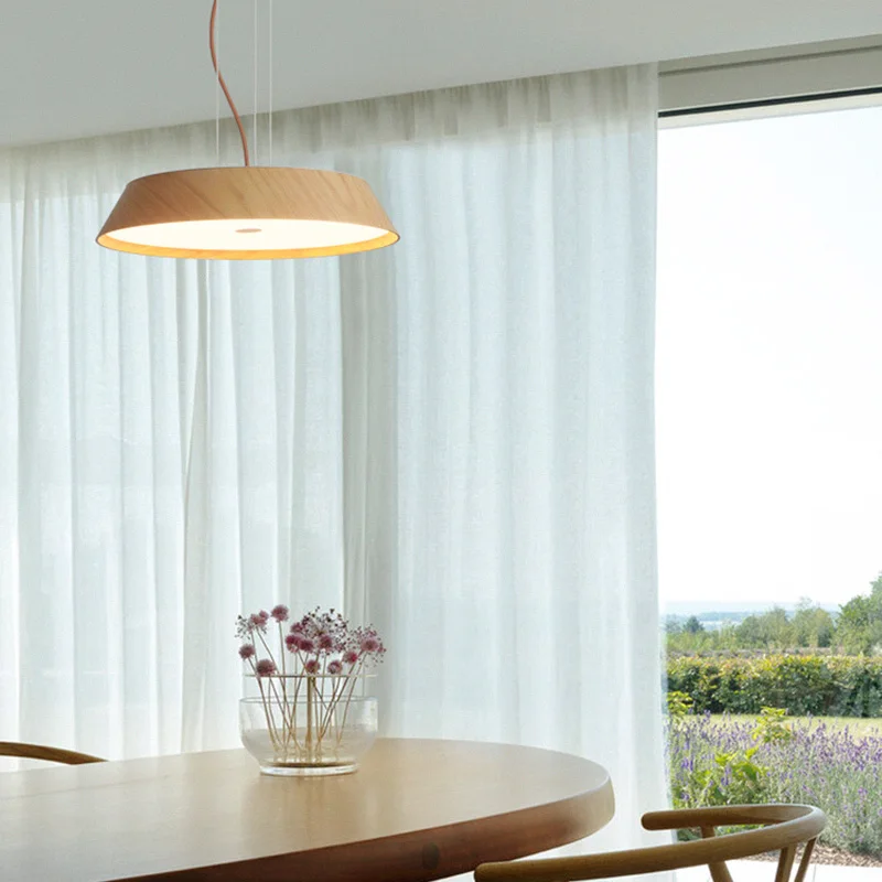 European Artistic Round Chandelier Modern Hanging Lamp Minimalist Style Dining Room Kitchen Oak Wood Pendant Light