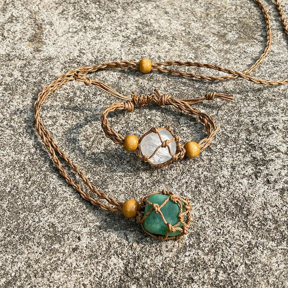 Adjustable Natural Crystal Stone Cage Cord Bracelets Necklace Empty Crystal Pendant 7 Chakra Tumbled Gem Stones Bracelets