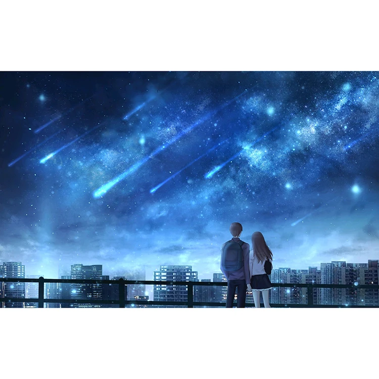 Night blue meteor lovers boy and girl railing animation oil painting DIY Custom paint by number decor gift