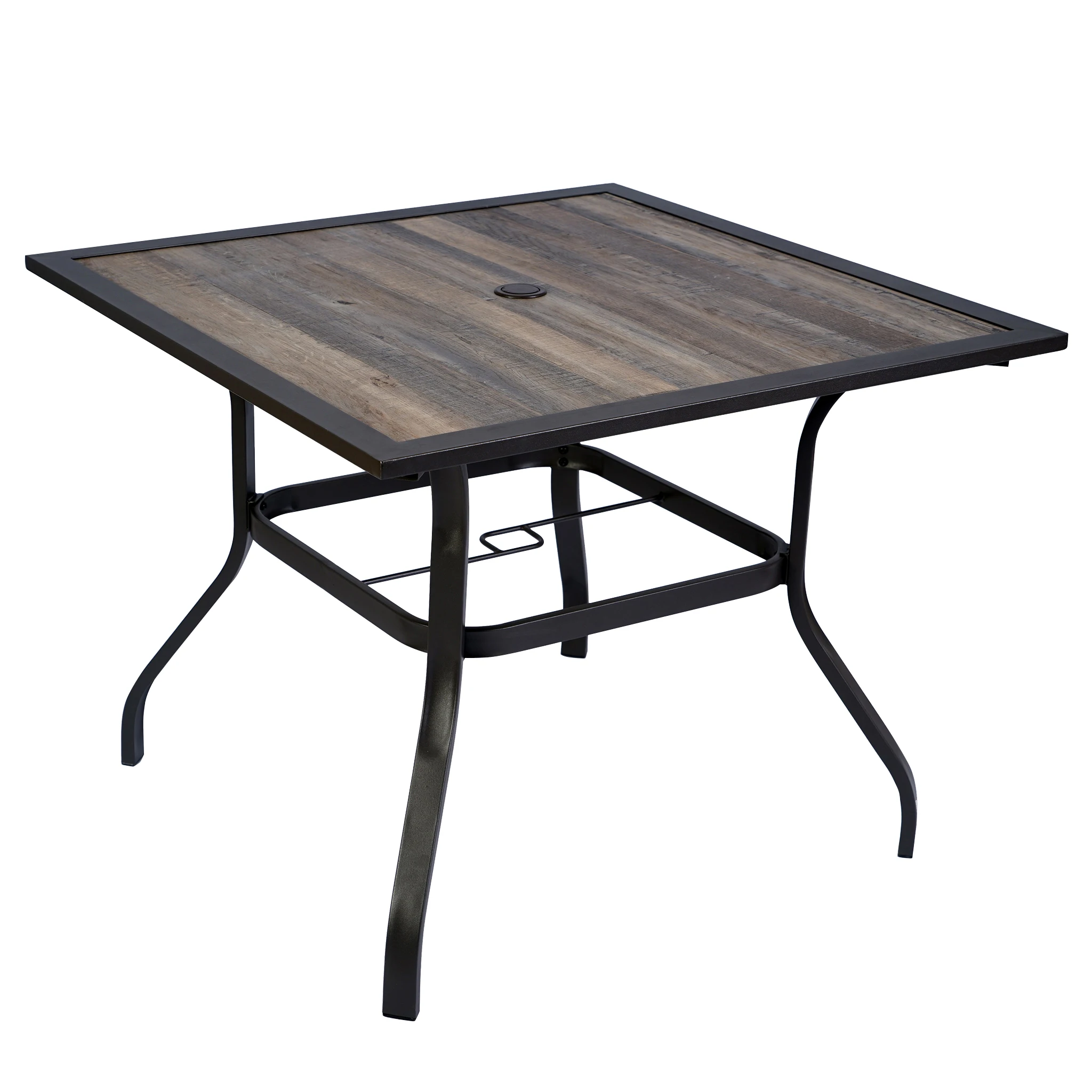 Retro and Fashionable Dining Table Square Steel with Wooden-Like Top and Umbrella Hole Outdoor Furniture