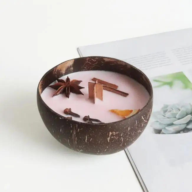 natural handmade aromatherapy dry flower scented custom candle in coconut bowl