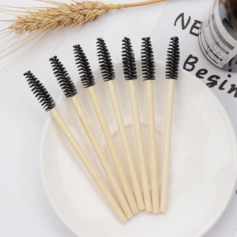 RTS 50-Piece Disposable Mascara Wand Eyelash Brush Spoolies With Bamboo Handle Eyelash Eyebrow Extension Applicator Makeup Tools
