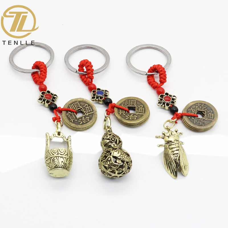 Retro Chinese Mascot Antique Brass Cicadas Brass Bell Toad Gourd Copper Coin Pendant Keychain For Bag Gift