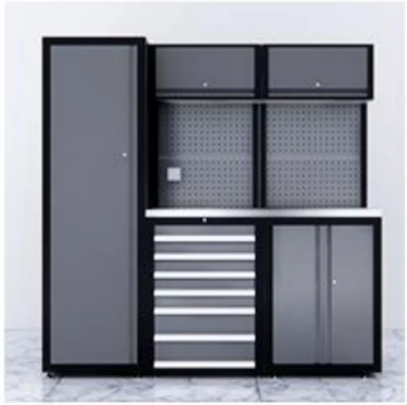 Car Repair Hand Tools Storage Cabinet Top Hanging Cabinets 2 Door Drawers Chest Work Station with Hooks and LED Lights