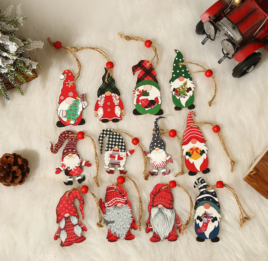 9pcs/set Christmas Tree Ornaments Faceless Old Man Hanging Wood Pendant with Rope Beads for Christmas Decor