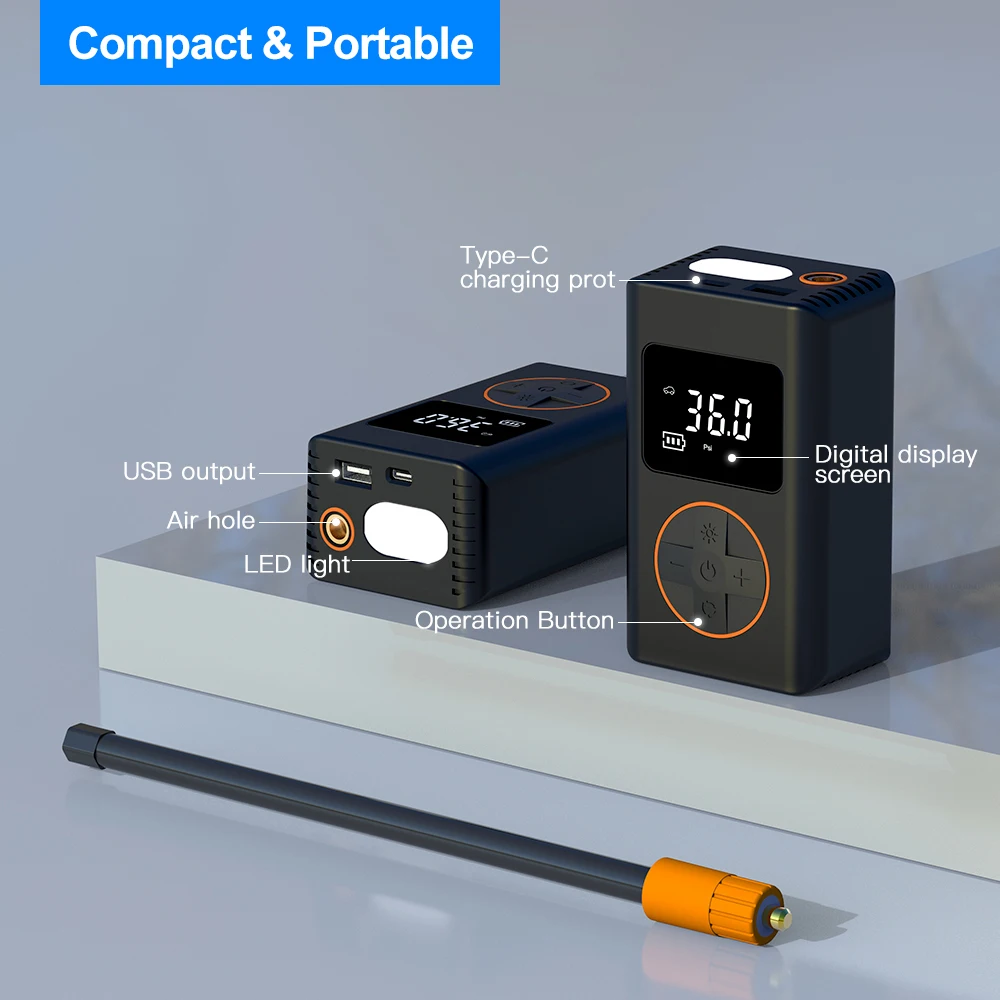 Mini Electric 120W Digital Tire Inflator ABS Wireless Air Pump with 4000mAh Battery 150psi Air Pressure for Tent Water Cooler