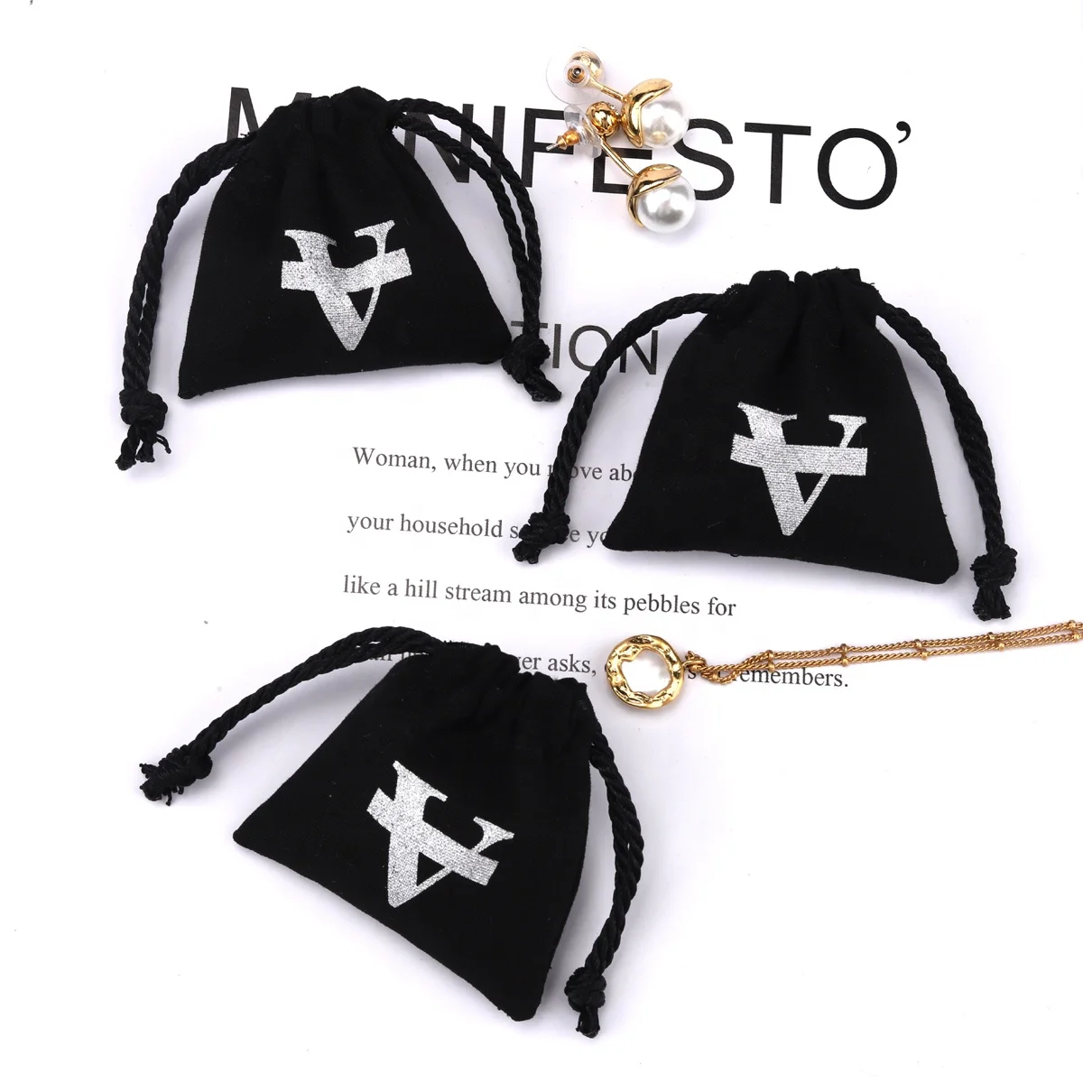 Custom Logo Printed Mini Ring Earring Storage Cotton Drawstring Packing Bag Organic Muslin Jewelry Pouch