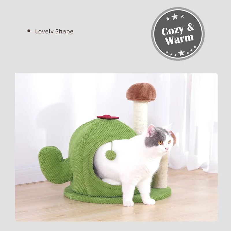 Cactus Series Cat Scratch Post Soft Cozy Chenille Fabric Cactus Cat Tree Bed