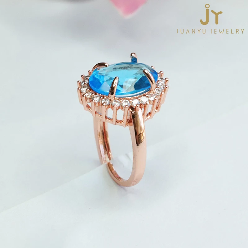 Oval Shape Blue Cubic Zirconia Rings Wholesale Jewelry Stone Luxurious Coloured Glaze Rings Healing Crystal and Topaz Rings
