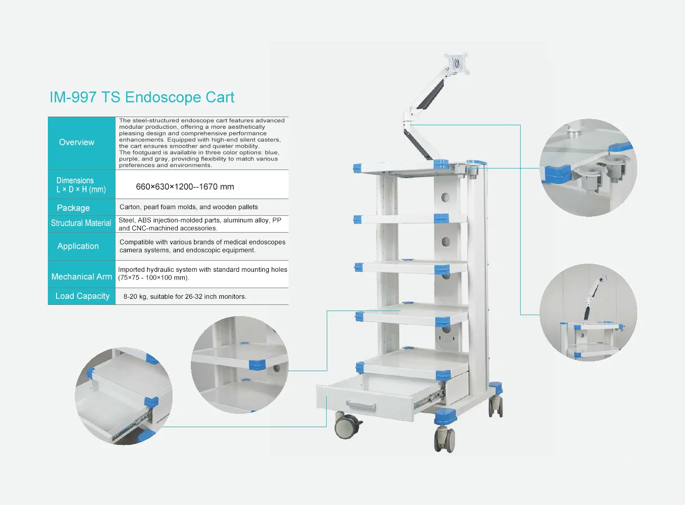 Advanced Medical Endoscope Trolley With Hydraulic Arm for 26 to 32 Inch Monitors