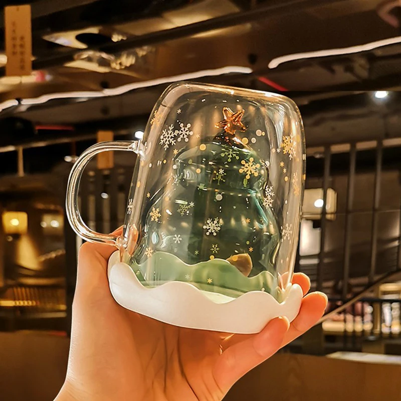 Christmas Gifts High Borosilicate Glass Christmas Tree Shaped Double Layer Glass Cup With Lid and Handle Beverage Milk Use
