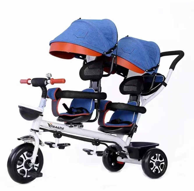 Three-wheeled twin stroller can be easily folded for two persons Portable three-wheeled stroller