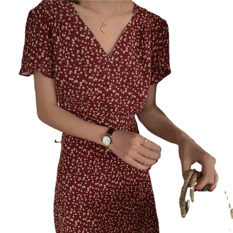 Summer hot sale Women v-neck short sleeves full lined dress Chiffon fabric dress