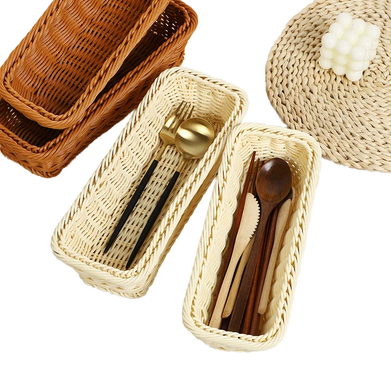 Creative Rectangular PP Rattan Basket High-End Hotel Restaurant Kitchen Tableware Storage Knives Forks Woven Baskets