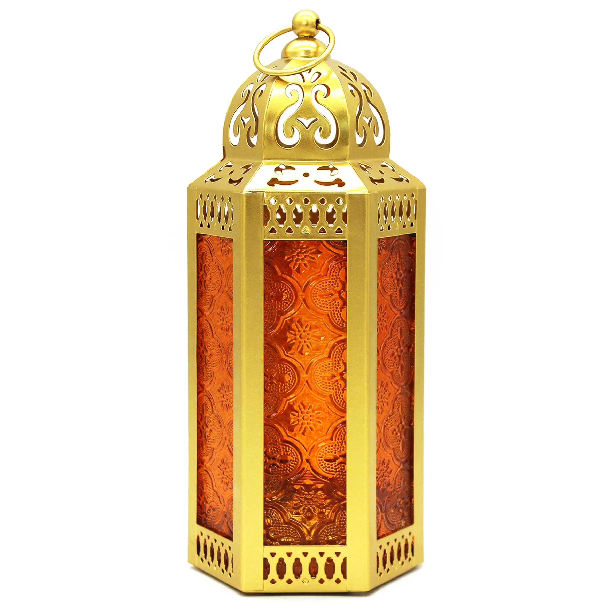 CVHOMEDECO. Decorative Candle Lantern Moroccan Lanterns Vintage Golden Metal Lantern Holder for Home Outdoor Decor. Amber Glass