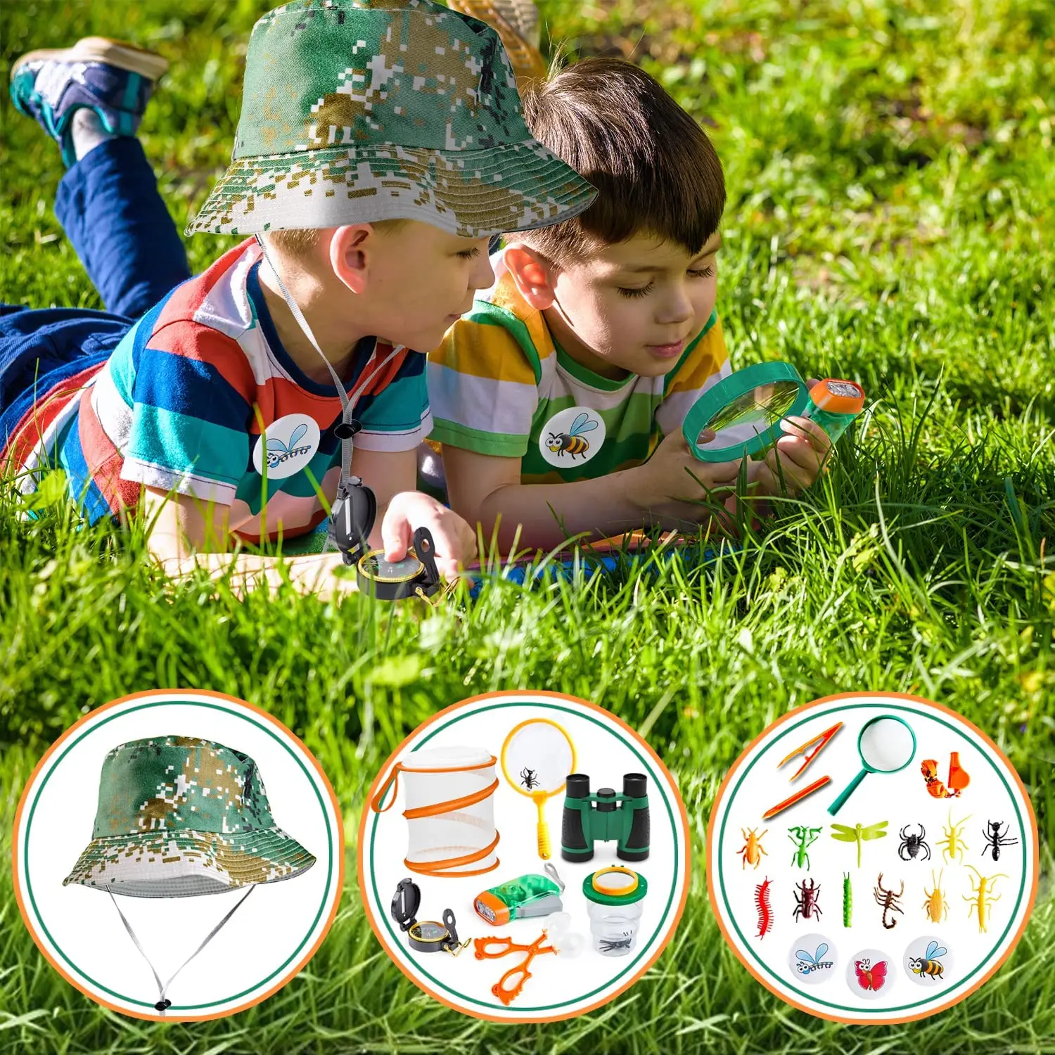 Outdoor Exploration Kit for Kids Binoculars Flashlight Compass Whistle Magnifying Glass Backpack Educational and Pretend Play