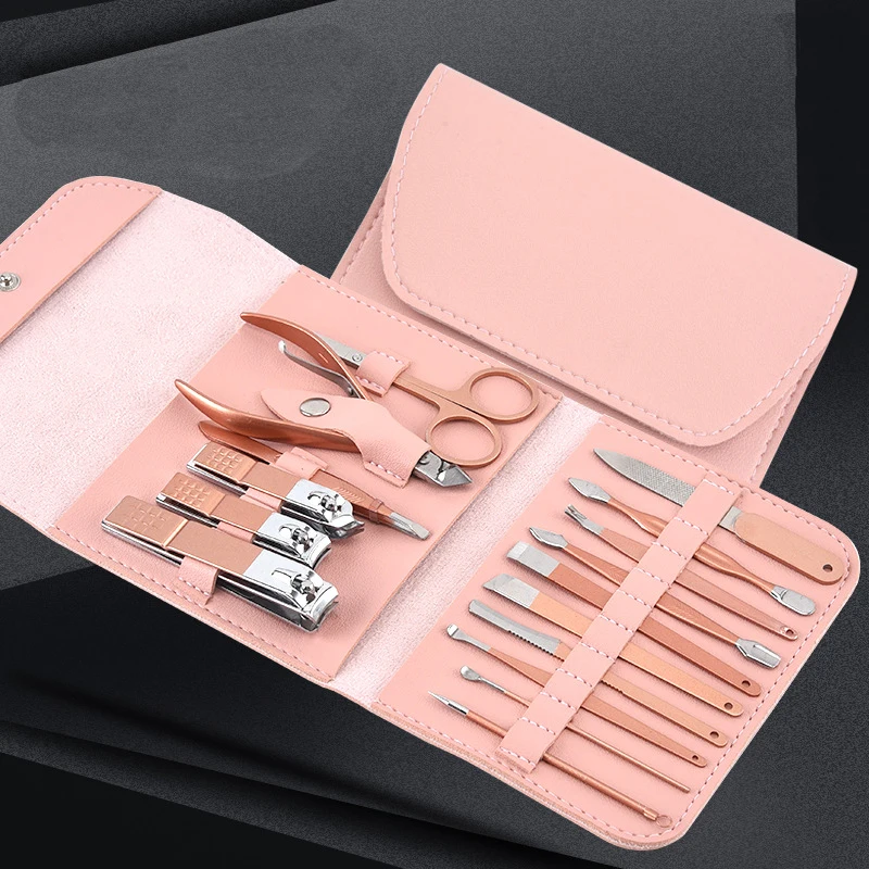 16PCS Rose Gold Professional Stainless Steel Nail Care Kit Manicure Grooming Set with Travel Case Private Label