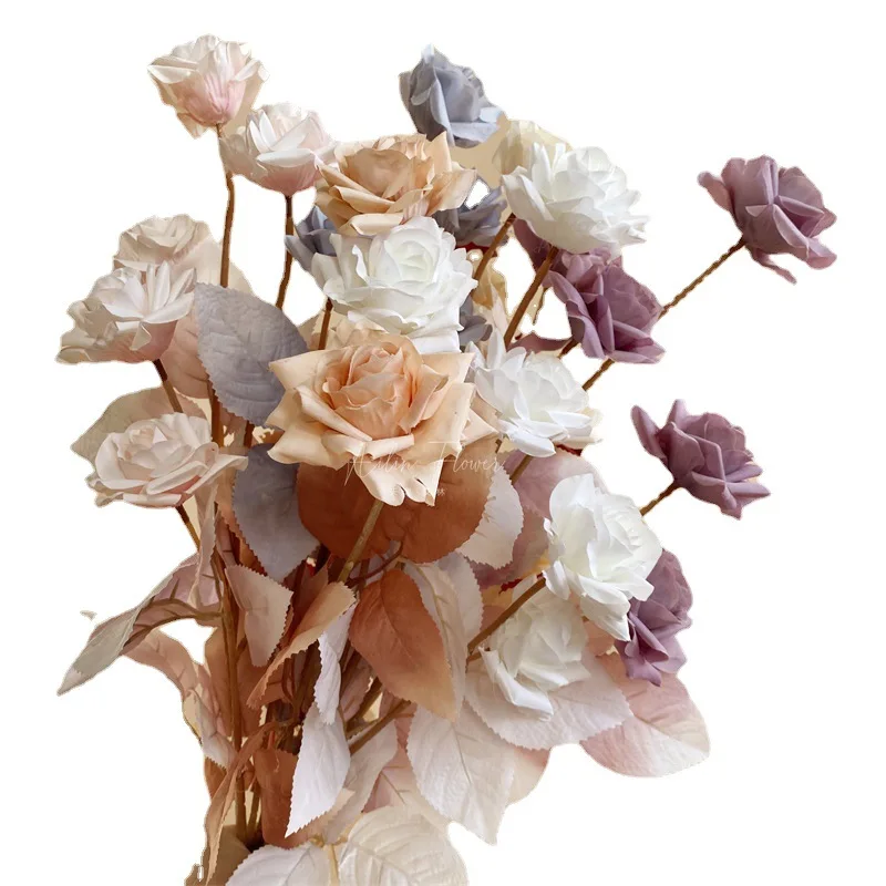 D-SR001 white rose cheap long stem 5 heads silk roses  artificial flowers for wedding home decor flower arch