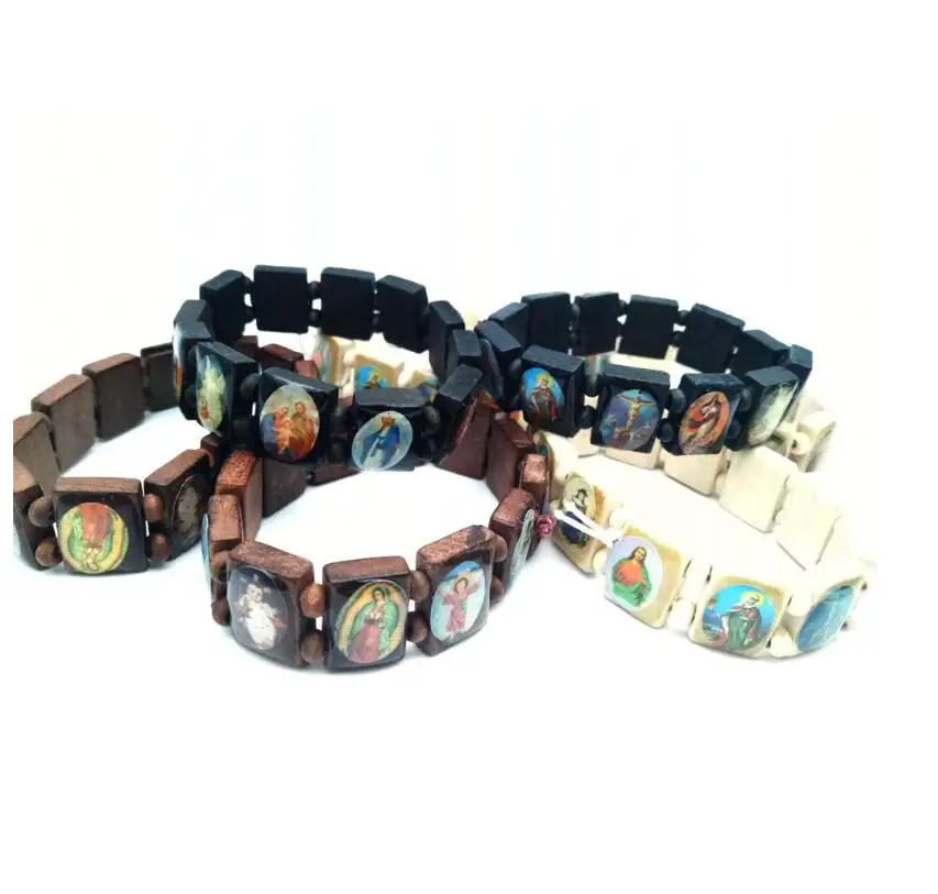 
Spot Religious Catholic Ornaments Christian Supplies Wooden Icon Drops Elastic Rosary Bracelets 