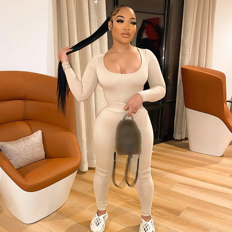 Wholesale long sleeve bodysuit 2 piece set fashion two piece pants set women