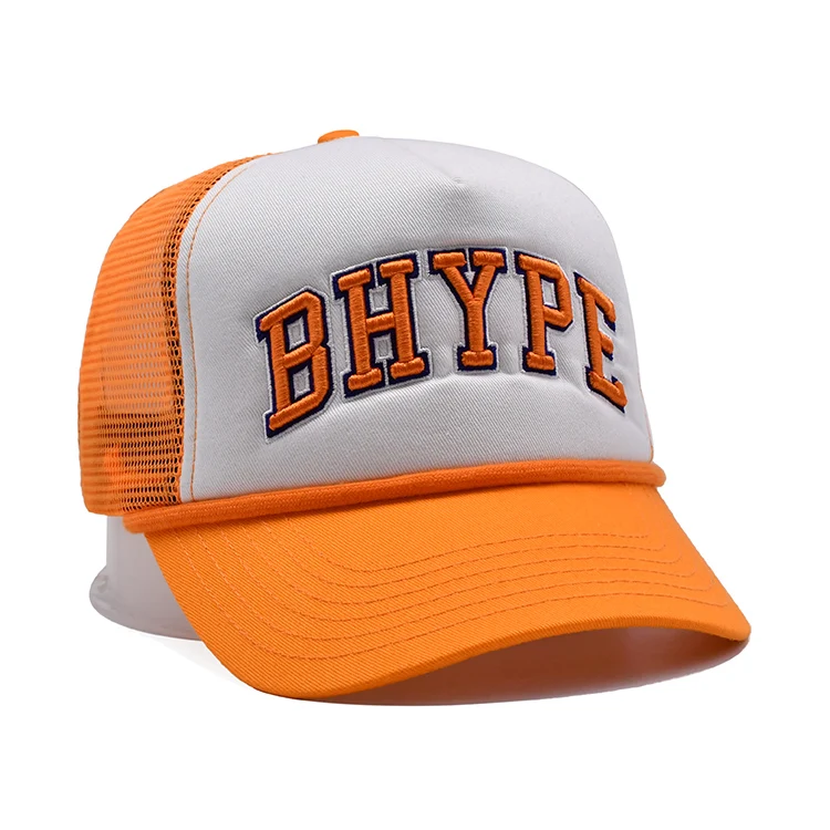 Foam Trucker Cap Custom Embroidery 5 Panel Trucker Hat High Quality Two Tone White Orange Sports Caps BSCI Unisex Adults ACE