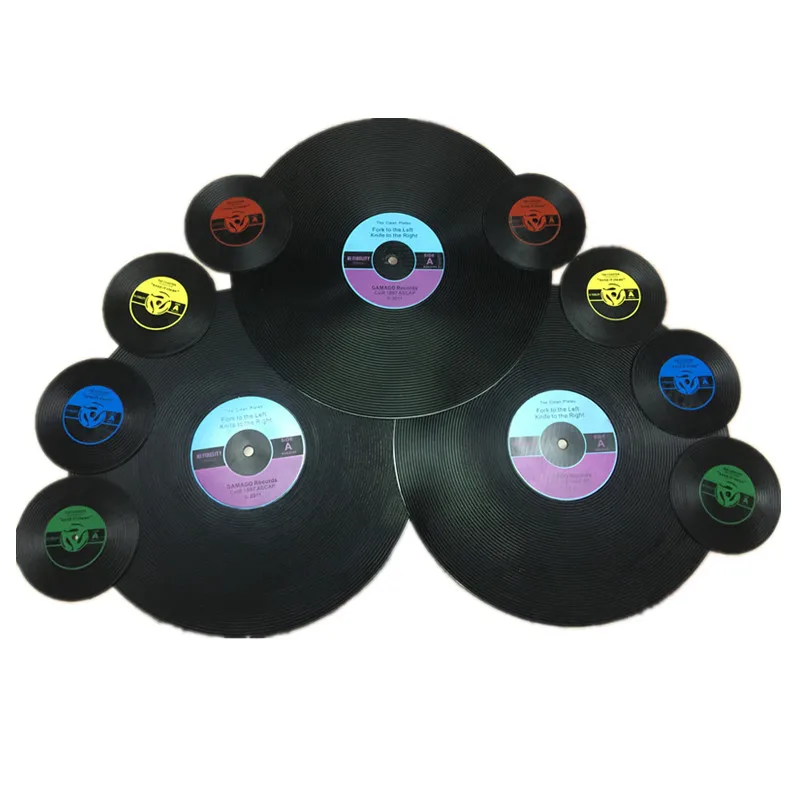 6-Piece set of vintage PVC coasters for beverage protection desktop silicone slip ring vinyl recording color round disc Coasters