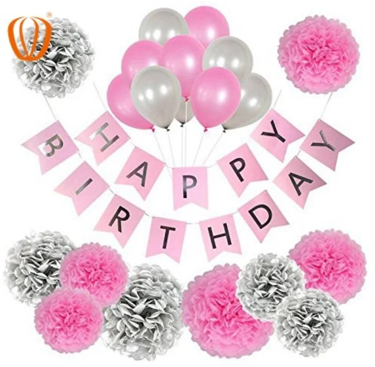 Pink Paper Banner Tissue paper Happy Birthday Banner Party Decoration Set