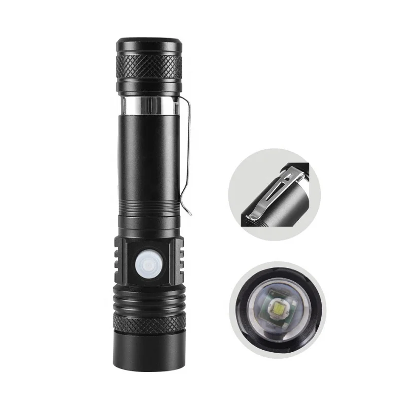Amazon hot sell  High power Aluminum alloy zoomable outdoor waterproof LED flashlight USB Rechargeable torch light with clip