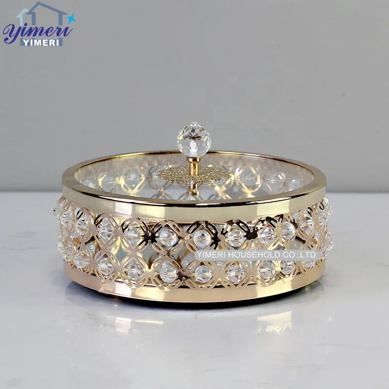 metal round crystal decoration snack food chocolate tray trinkets jewelry organizer storage box with glass lids
