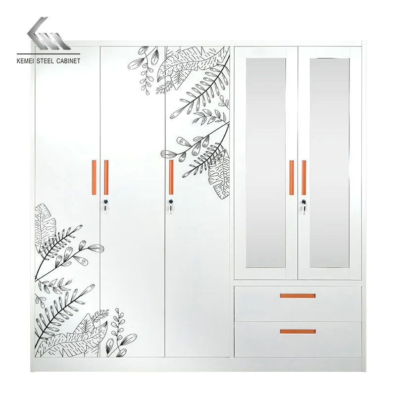 Steel Metal Wardrobe Iron Sheet Wardrobe Hot Selling Item with 5 Unidirectional Flat Doors and 2 Drawers with Mirrors
