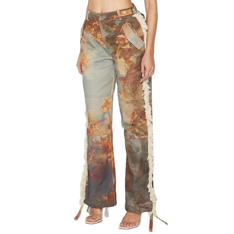 Custom wholesale renaissance printed tassel art fashion pants for women