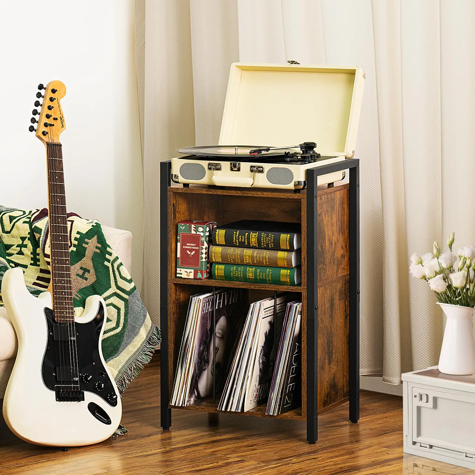 Modern Wholesale Living Room Furniture Record Player Stand with Storage Wooden 3 Shelf CD Vinyl Record Holder